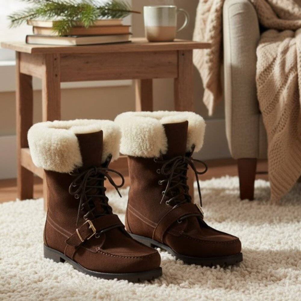 Ralph Lauren Womens Zabby Brown Suede Lace Up Boots Shearling Lined Size 8.5 B